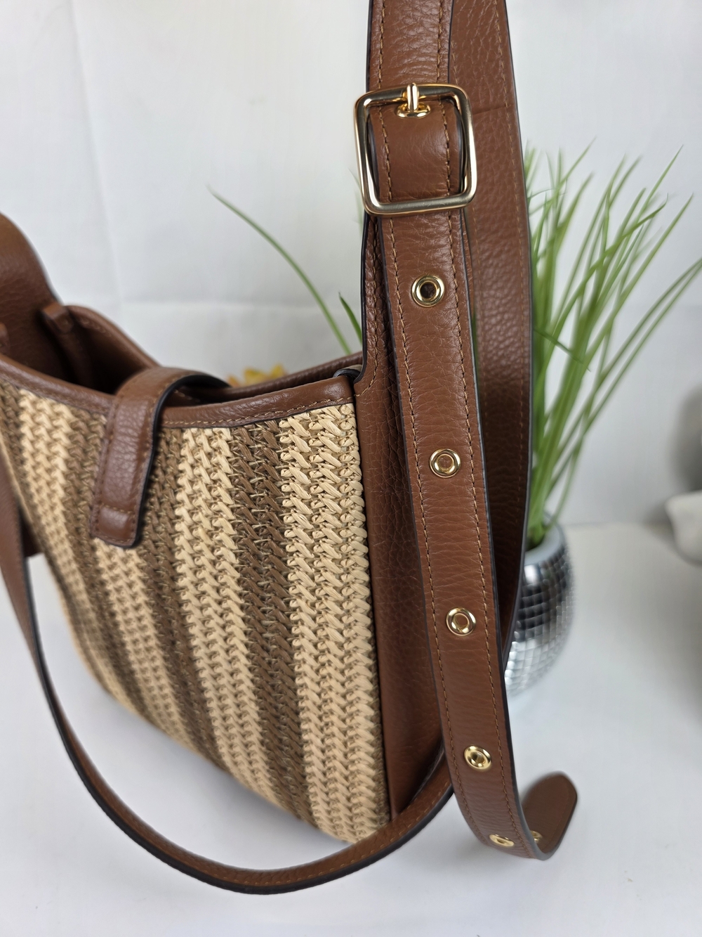 Coach Hadley Brown Mini Natural Woven Leather-Trim Crossbody Straw Bag - Picture 6 of 12
